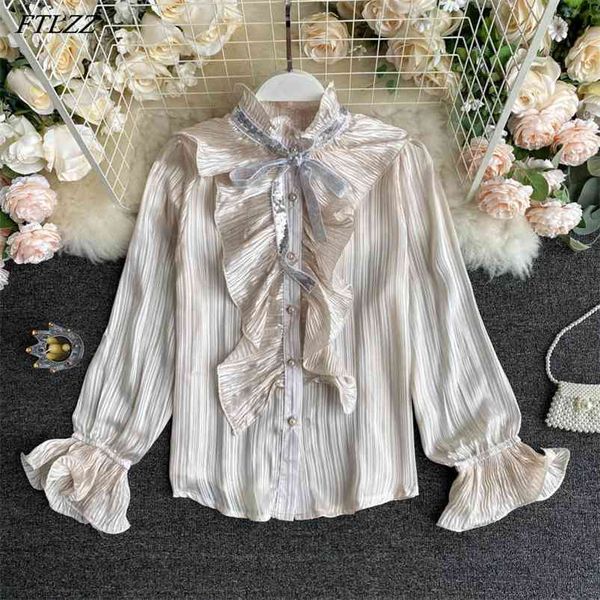 

autumn casual bow single breasted shirt elegant lady ruffled puff sleeve patchwork 210430, White