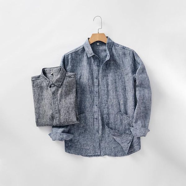 

men's casual shirts d027 spring linen long sleeve yarn-dyed lapel double pocket loose regular-fit simple sport teenager, White;black