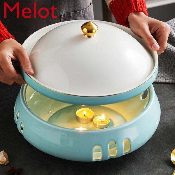 

high-end restaurant chinese ceramic special candle alcohol heating insulation open stove commercial round pot dish with lid dishes & plates