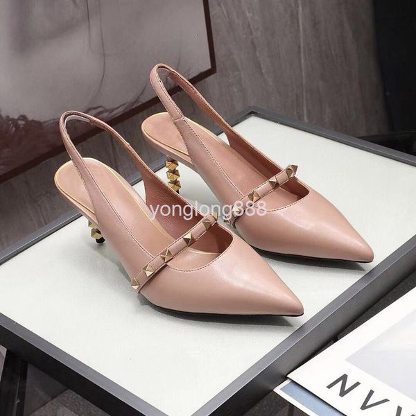 

dress shoes summer pointed back empty high heel thin fashionable cowhide women's shoes rivet solid color sandals, Black