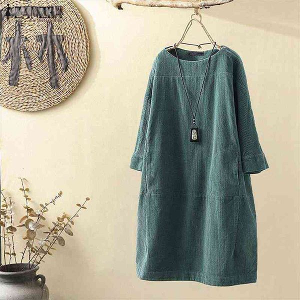 

vintage corduroy mini dress womens autumn sundress zanzea casual long sleeve tunic vestidos female solid hoodies robe, Black;gray