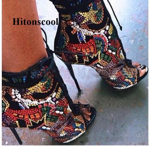 

boots 2021 bling women gladiator sandals cross-tied peep toe summer ankle high heels ladies party stiletto shoes1, Black