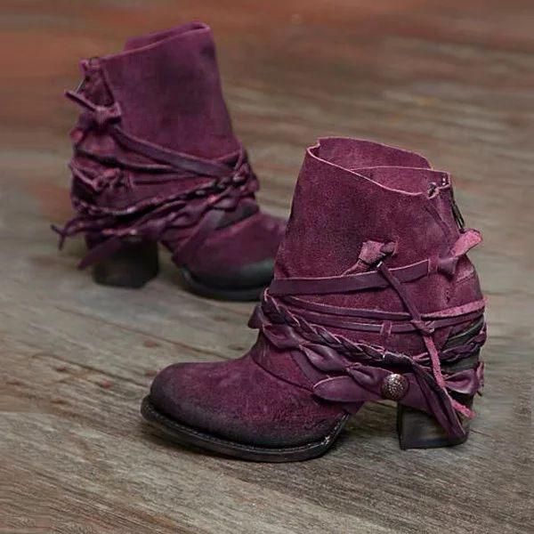 

boots retro femme winter ankle cowboy leather round toe high spike heels zipper chunky for women punk runway shoes, Black