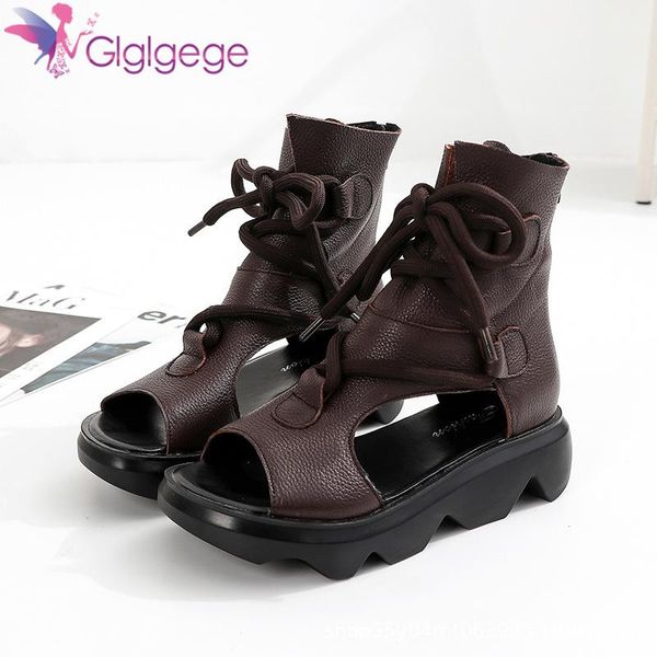 

sandals glglgege full leather roman shoesfor summer boots straps spring models 2021 retro fashion high-women's shoes, Black