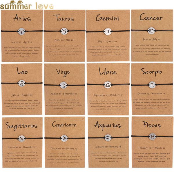 

handmade wax rope knitting bracelet 12 constellations kraft paper card stainless steel 12, Golden;silver