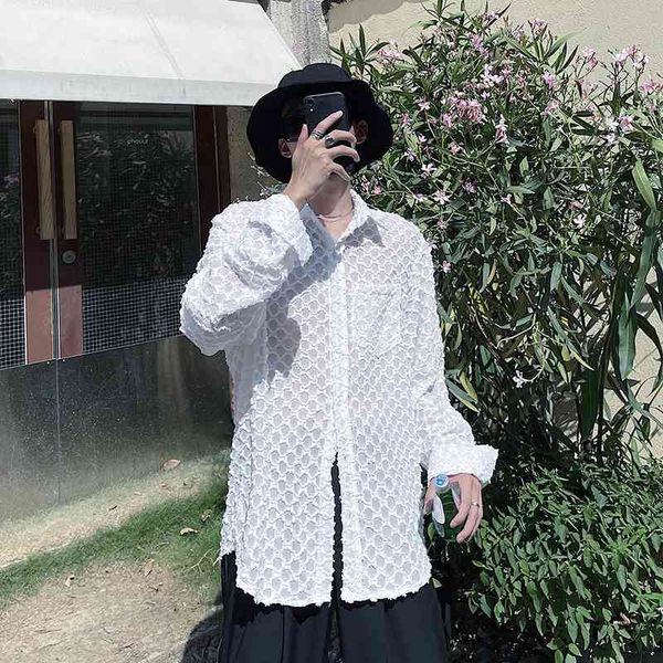 

abstinence department hollow out small fragrance long sleeved sunscreen men's loose vertical feeling fried street light luxury shirt, White;black