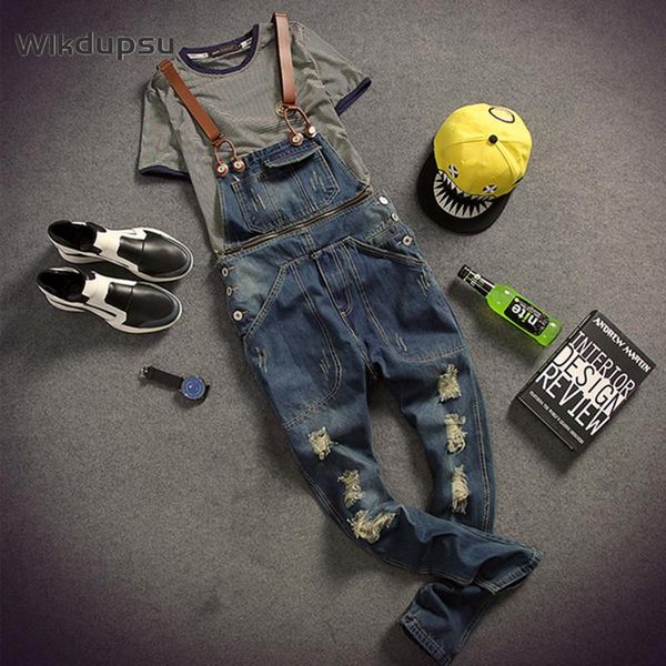 

fashion hole ripped jeans bib pants jumpsuit overall romper men denim suspender korean slim vintage clothes men's, Blue