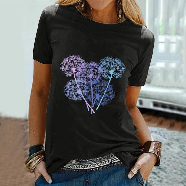 

color dandelion print funny women short sleeve casual femme summer loose tee for camisetas de mujer, White
