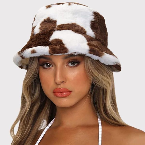 

wide brim hats soft velvet fisherman cap lady tourism 2021 outdoor warm hat fashion flat winter cow print plush bucket for women, Blue;gray