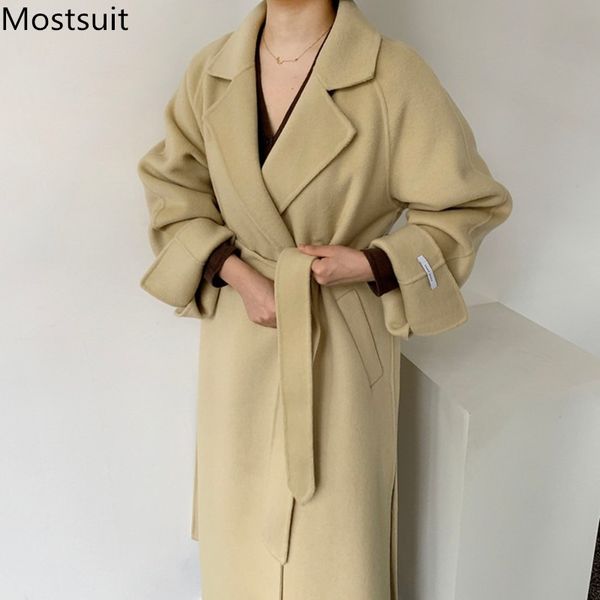 

turn-down collar belted wool blend long coat women full sleeve korean elegant loose female outercoat overcoat 210518, Black