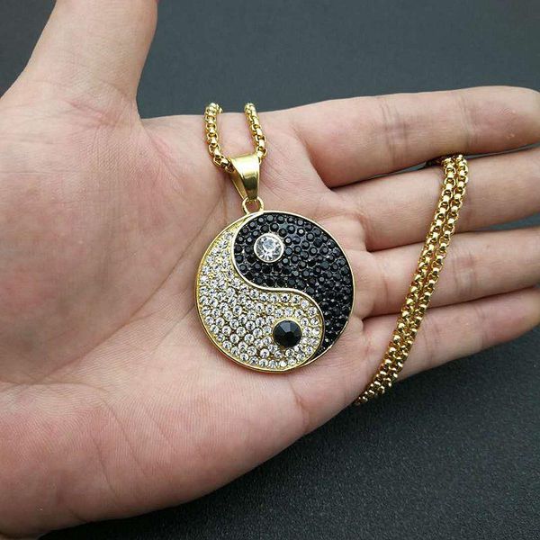 

hip hop iced out bling gossip yin yang aumlet pendant necklace gold silver color stainless steel chains for women men jewelry necklaces