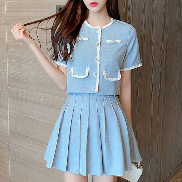 

skirt summer 2 set women korean elegant single breasted short sleeve + high waist mini pleated skirts sets two piece suits xtfh, Black