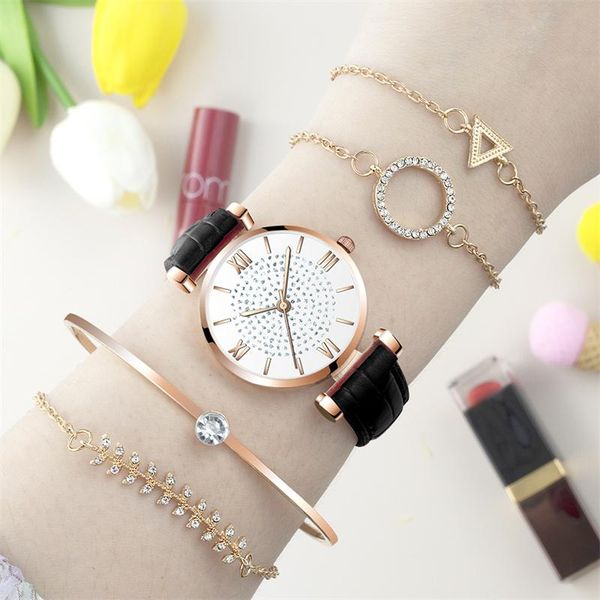 

wristwatches 2022 women watches bracelet set rhinestone ladies watch casual leather quartz wristwatch clock relogio feminino, Slivery;brown