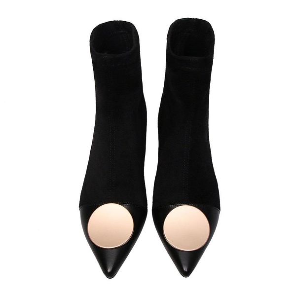 

boots mezereon stretch fabric ankle pointed toe women shoes slip on spring autumn winter fashion buckle socks botas, Black
