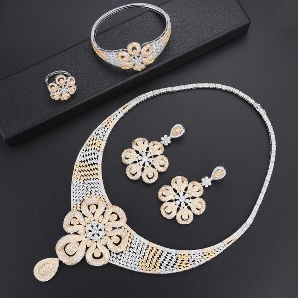 

earrings & necklace larrauri luxury full cubic zircon jewelry sets bridal wedding romantic performance charms 4pcs women statement, Silver