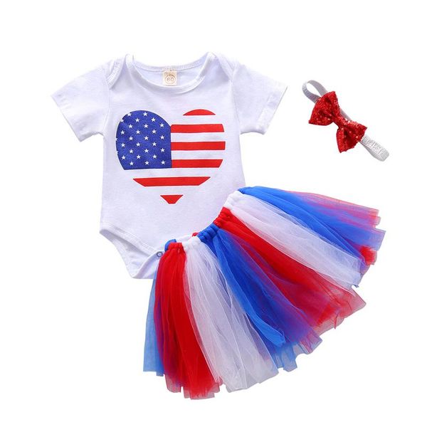 

summer baby girls clothes set love heart print short sleeve o-neck romper + tutu skirt sequins headband born girl clothing sets, White