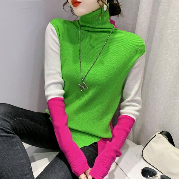 

women's sweaters fall winter knit turtleneck sweater european style women chic color blocking patchwork irregular fork pullover, White;black