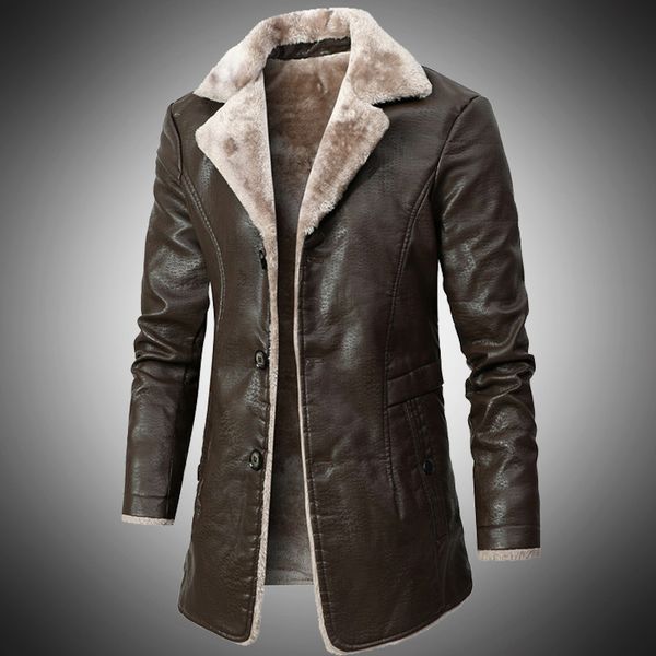 

winter mens leather jacket bussiness thick warm long style male fur lined turn down collar casual pu coats outwear plus size 4xl, Black