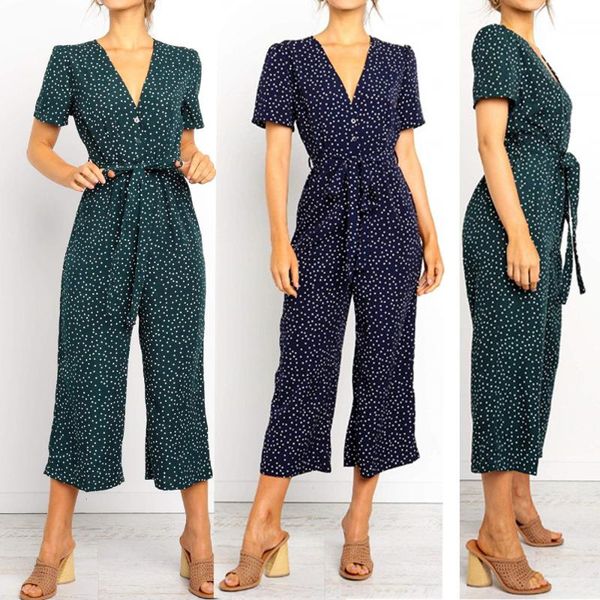 

short sleeve casual jumpsuits women v neck belt lace up office summer rompers overalls long pants polka dot women's &, Black;white