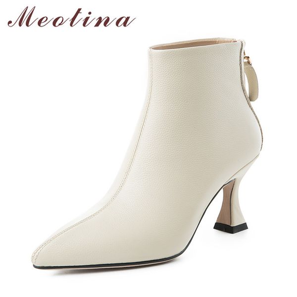 

meotina real leather high heel ankle boots women short boots shoes pointed toe thin heels zipper ladies boots autumn winter 43 210520, Black
