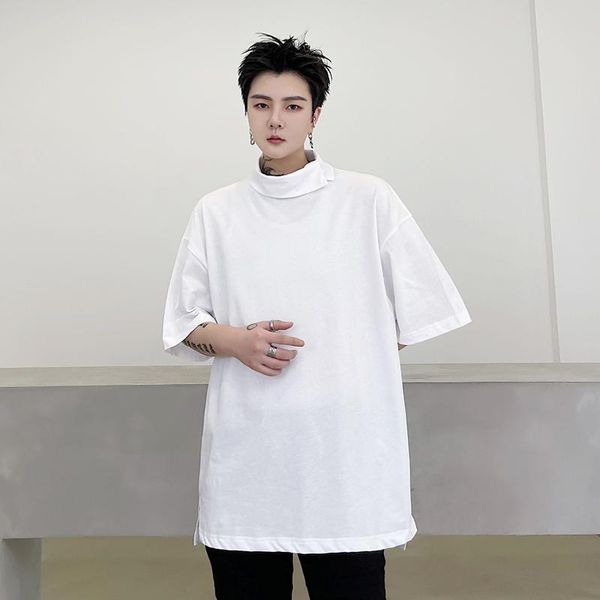 

men's t-shirts summer semi-turtleneck japanese simple solid color short sleeves t-shirt fashion trend loose large size, White;black