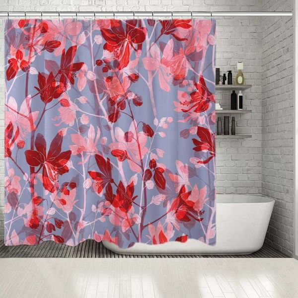 

shower curtains curtain flowers leaves plant branches of foliage summer garden night view boho chic artwork printed red pink gray