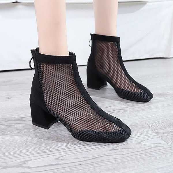 

mesh booties sandals women's high heels black ankle women block heel ladies runway shoes heeled