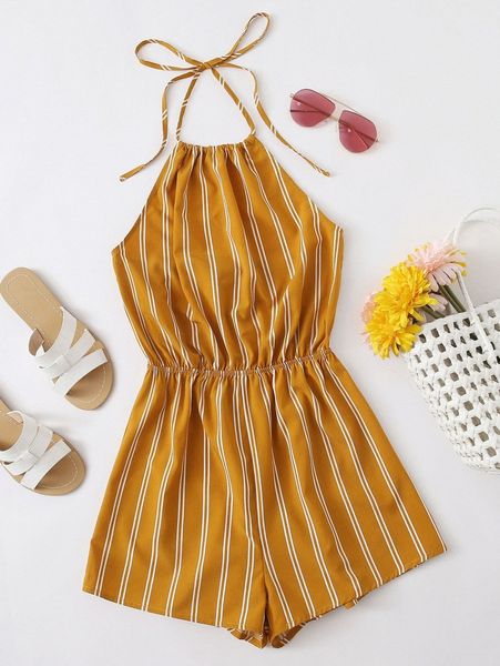 

tie back striped romper z3zn#, White