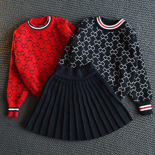 

kids spring and autumn girls childrens new all-match sweater + pleated short fashion half skirt sets two-piece suit x0902, White