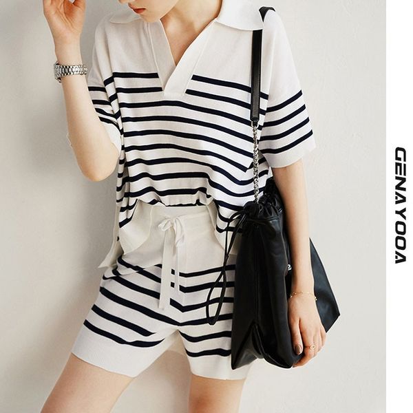 

genayooa summer tracksuits womens two peices striped leisure outfits cotton knit t-shirts high waist shorts set korean 210417, White