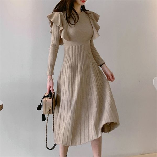 

hma winter vintage elegant o-neck female thicken knit long dress slim full sleeve ruffle sweater vestidos 211220, Black;gray