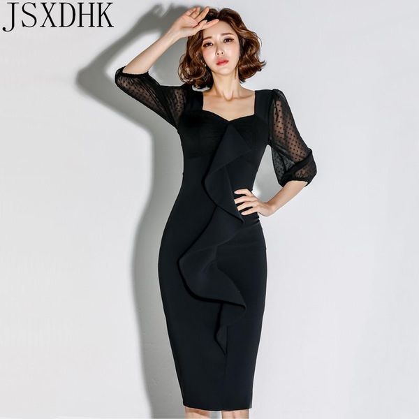 

casual dresses jsxdhk elegant ruffles slim pencil dress women autumn black office wear simple party work sheath bodycon vestidos, Black;gray