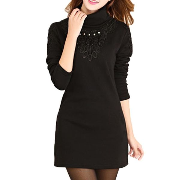 

casual dresses winter dress turtleneck women plus size long sleeve female colthes thick black warm big, Black;gray