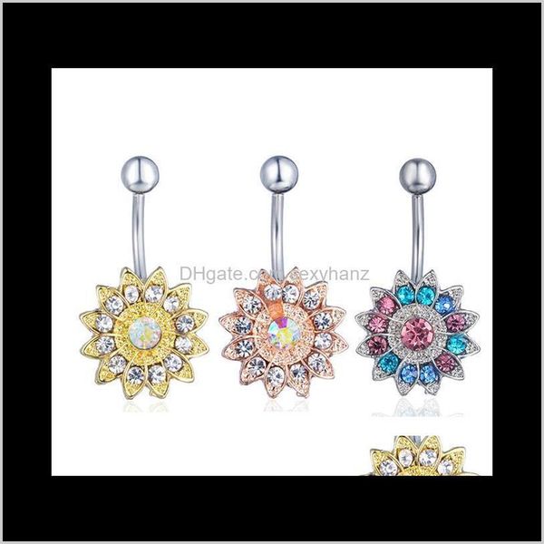

& bell rings d0691 ( 4 color ) clear ab sunflower style navel button piercing jewlery 1.6*11*5/8 belly ring body jewelry drop delivery 2021, Silver