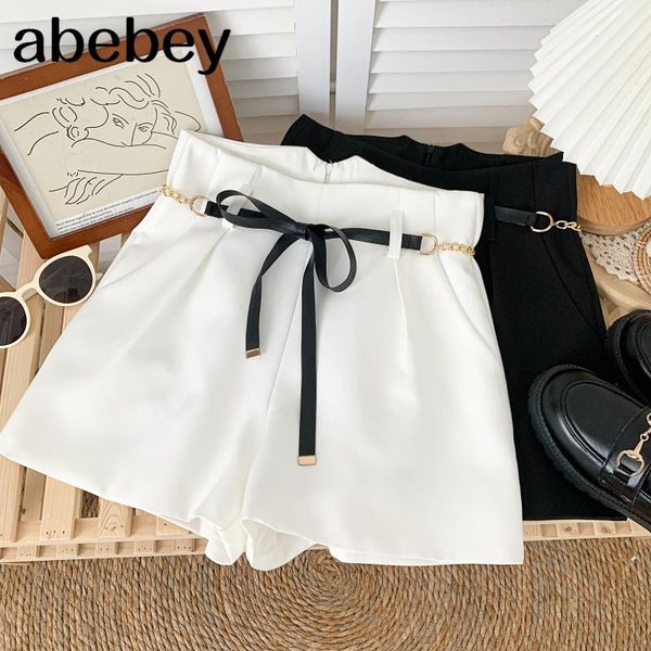 

women's shorts fashion versatile solid color metal chain bandage bow high waist casual wide leg 2021 summer wommen, White;black