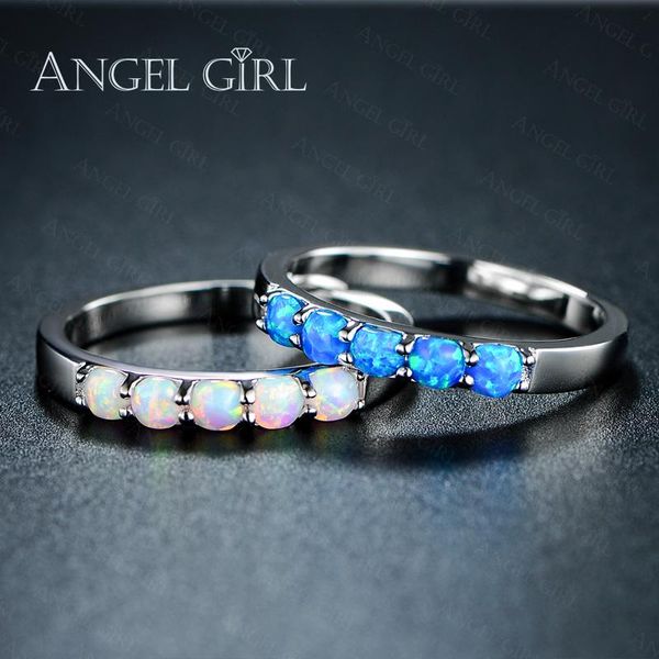 

wedding rings angelgirl simple ring round white pink blue/white fire opal for women trendy engagement fashion jewelry, Slivery;golden