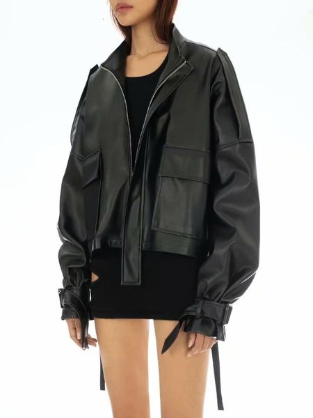 

women's jackets korean style new leather jacket women winter autumn zipper coat big pocket turn-down collar pu fashion cool streetwear, Black;brown