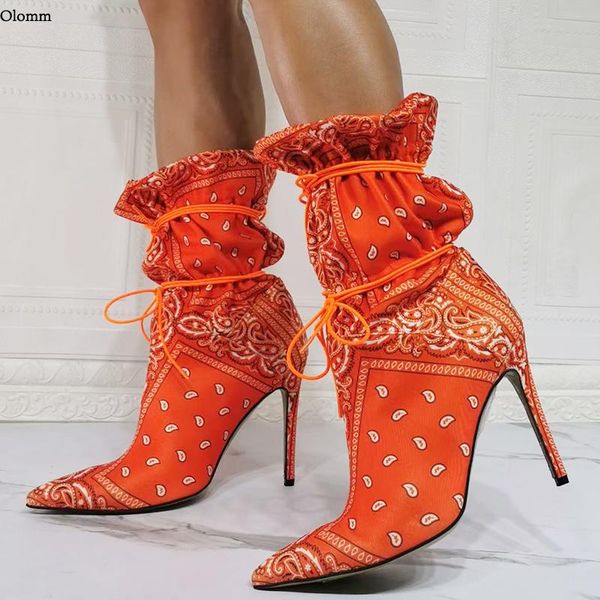 

olomm handmade women winter ankle boots lace up stiletto heels pointed toe orange black party shoes plus us size 5-15