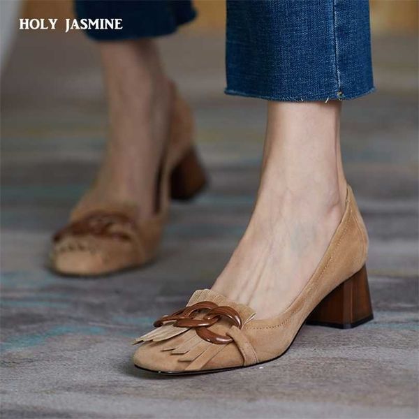 

fashion est women shoes spring thick heels pumps for genuine leather kid suede office lady party 211029, Black