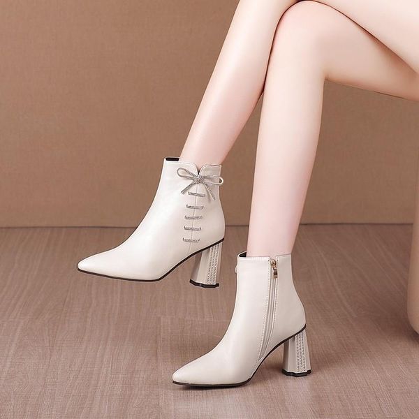 

boots black ankle for women chunky high heel autumn winter pointed toe booties woman fashion zipper 2021