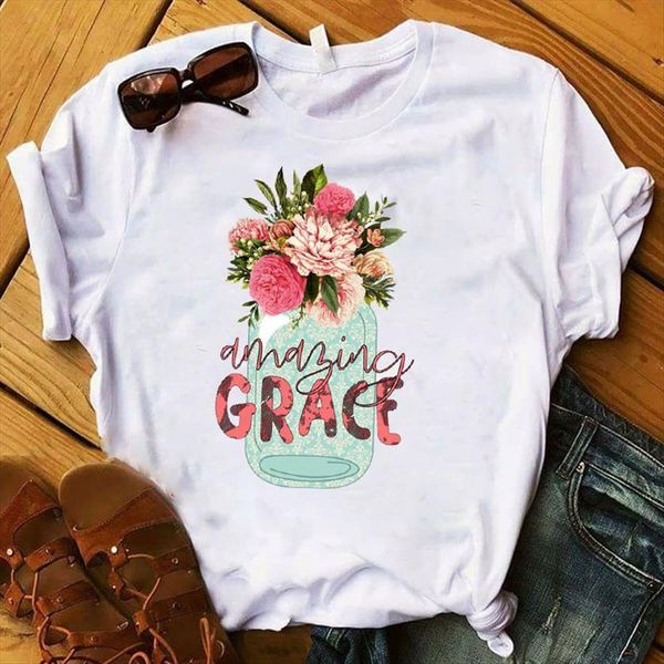 

amazing grace flower printed women short sleeve tee clothes graphic, White