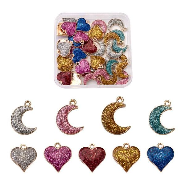 

charms 1 set alloy enamel pendants glitter powder heart moon cute colorful mixed color for jewelry making diy bracelet necklace, Bronze;silver