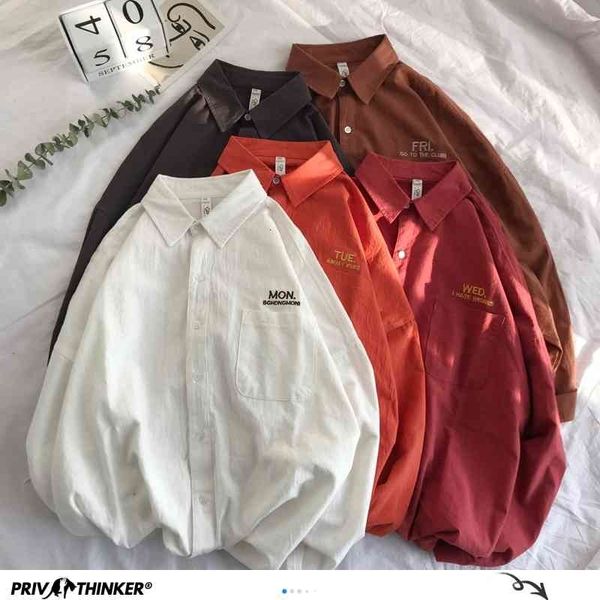 Privatfiner homens camisa sólida manga comprida homem fashions coreano segunda-feira camisa de bordado masculino streetwear mulheres camisas 210410