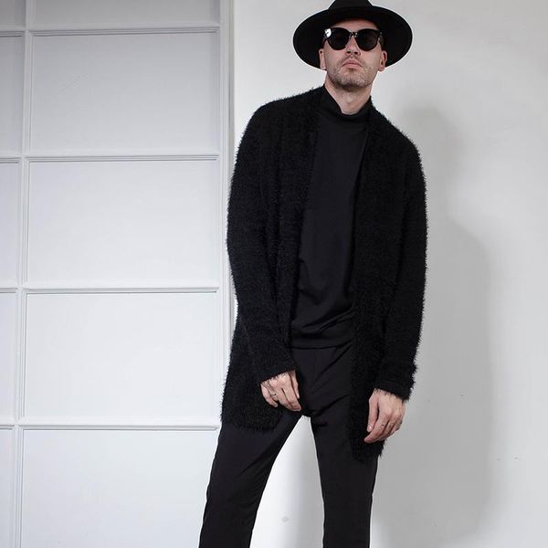 

men's sweaters european and american autumn winter wild black cardigan mid-length mohair sweater hip-hop street tide clot, White;black