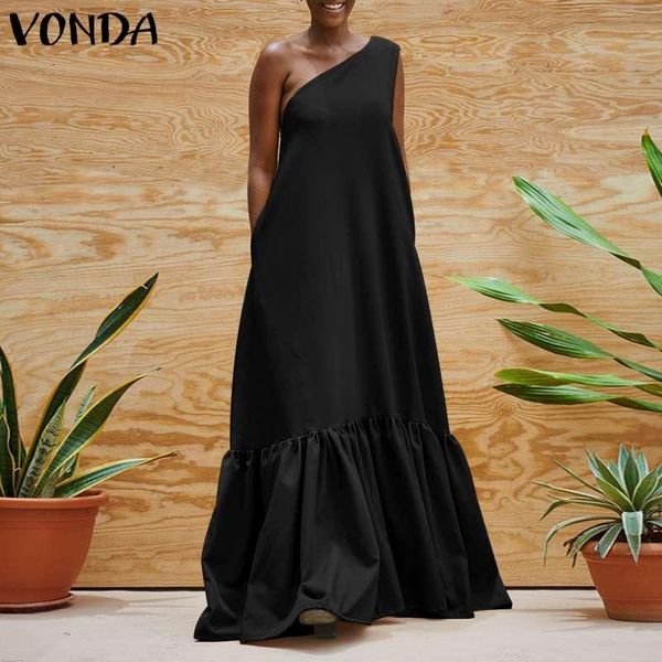 

casual dresses one shoulder dress women evening party maxi 2021 vonda loose swing bohemian beach vestidos plus size, Black;gray