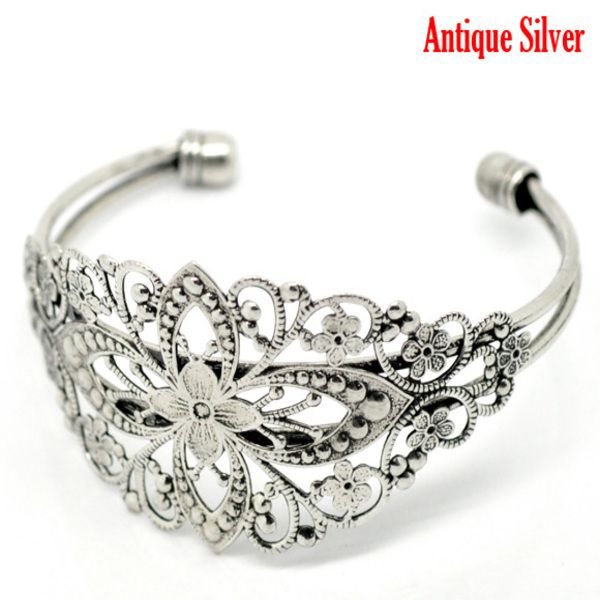 

4 silver color filigree flower bangles bracelet 16.5cm (b15699) q0717, Black