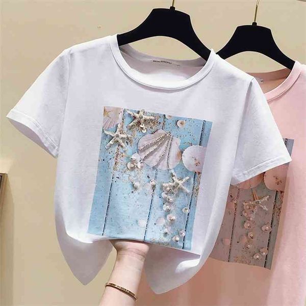 Verão cor-de-rosa camiseta mulheres tops branco T roupas coreanas manga curta casual lantejoulas de diamantes femme 210623