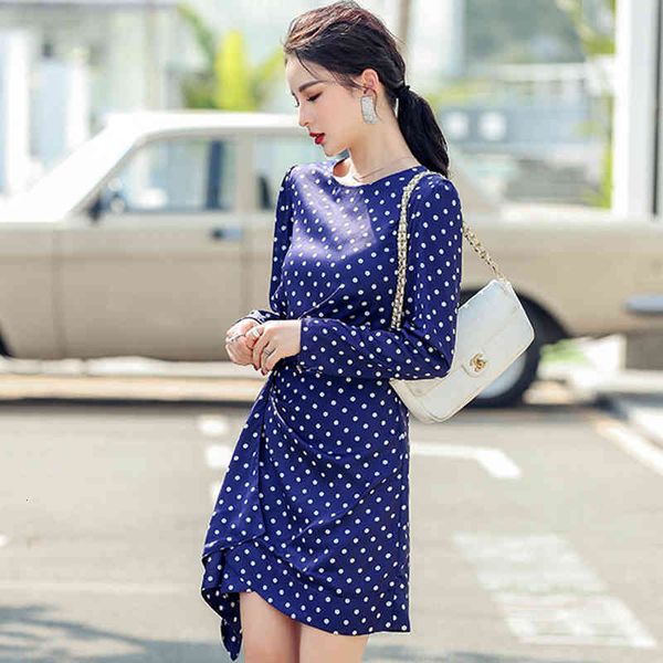 

dresses spring irregular lace-up dots casual korean o-neck slim aline elegant simple office party vestidos, Black;gray