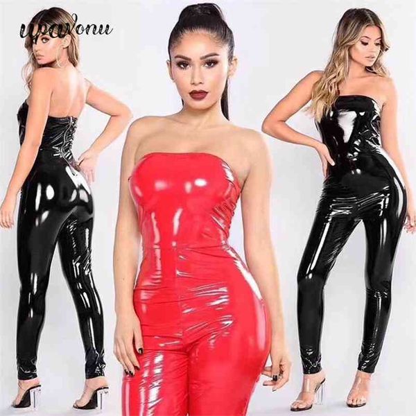 Jumpsuit de couro reflexivo feminino grátis sexy tubo superior mangas sem costas elegante elegante Bodycon Club Party 210524