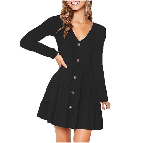 

casual dresses button pleated woman dress mid-waist v-neck long-sleeved a-line party vestidos de verano for women sukienka, Black;gray